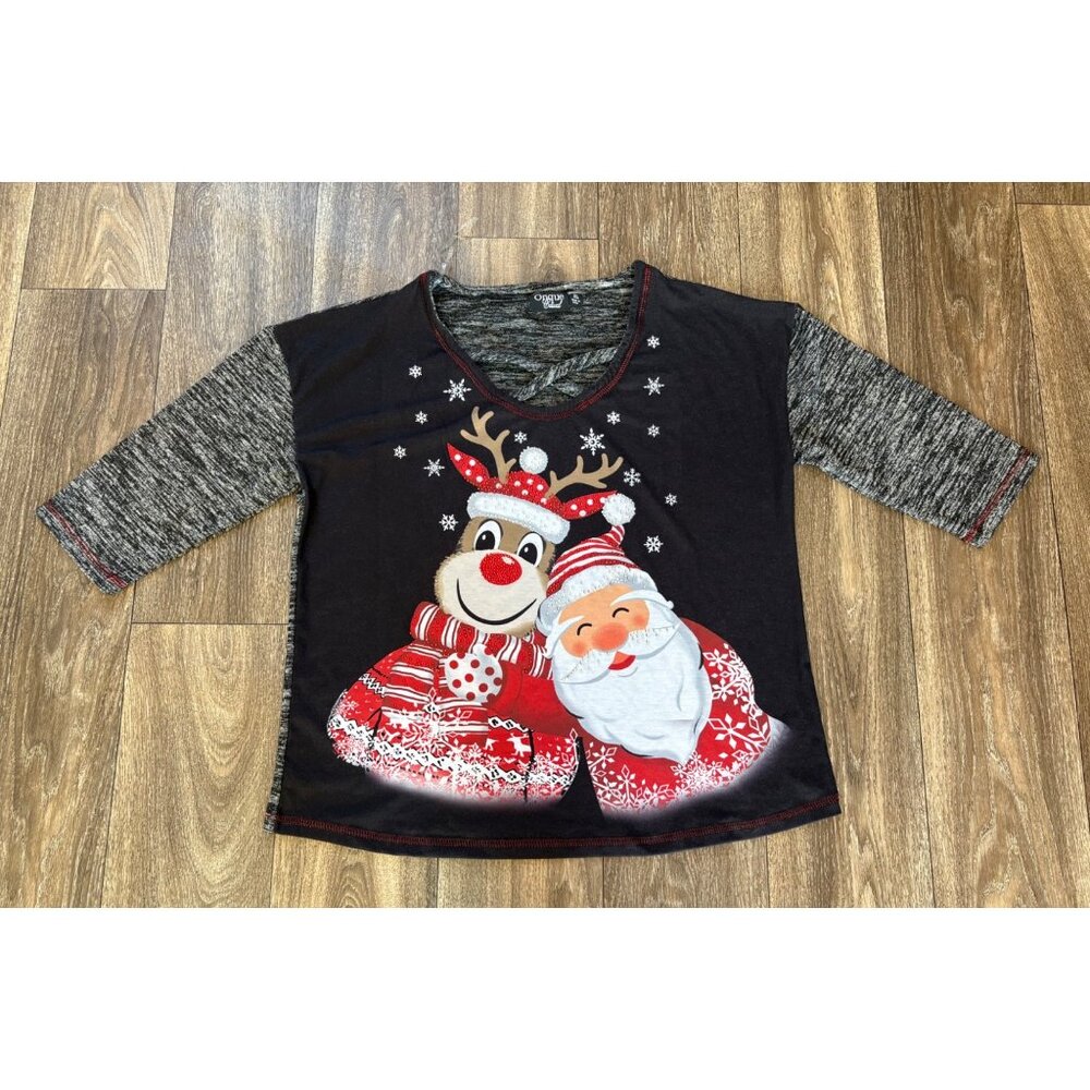 CHRISTMAS BLOUSE WOMENS SIZE XL SANTA CLAUS & REINDEER BLACK GRAY STRETCH